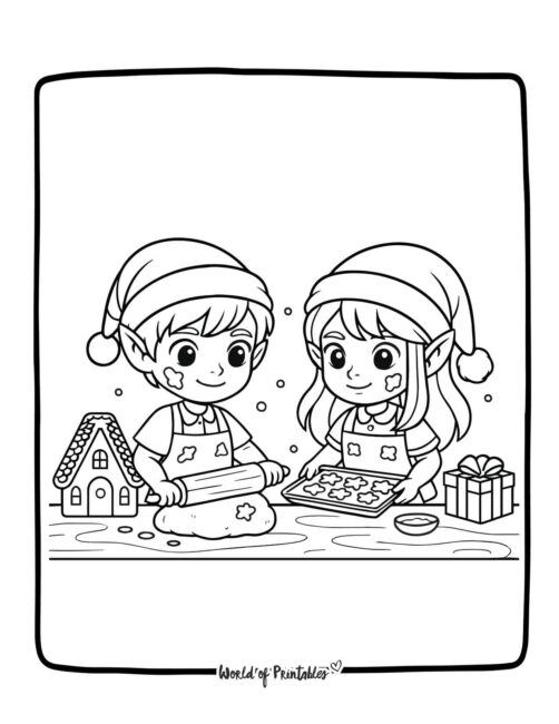 Elves Baking Cookies Coloring Page