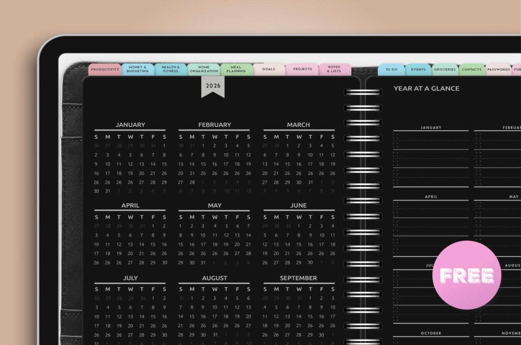 Free Black Digital 2026 Planner Calendar