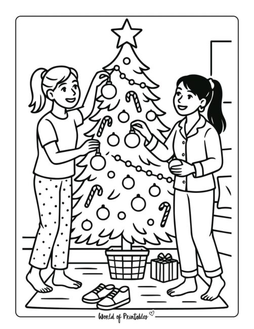 Friends Decorating Christmas Tree Coloring Page