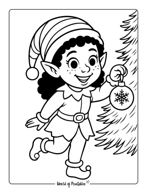 Fun Elf Decorating Coloring Page