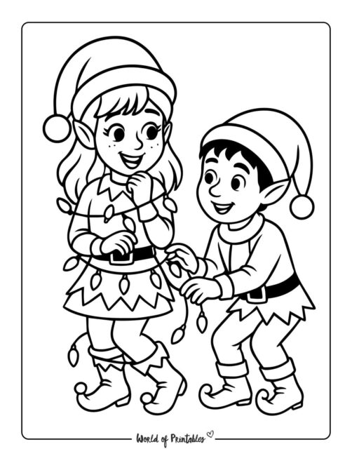 Fun Elves Playing Coloring Page