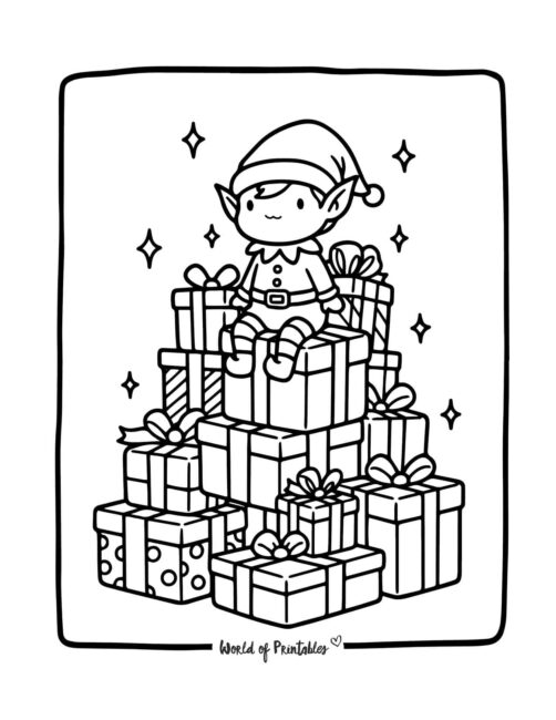 Gifts and Elf Coloring Page for Kids