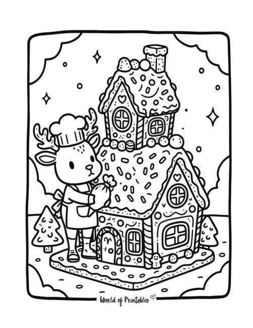 Gingerbread House Reindeer Coloring Page