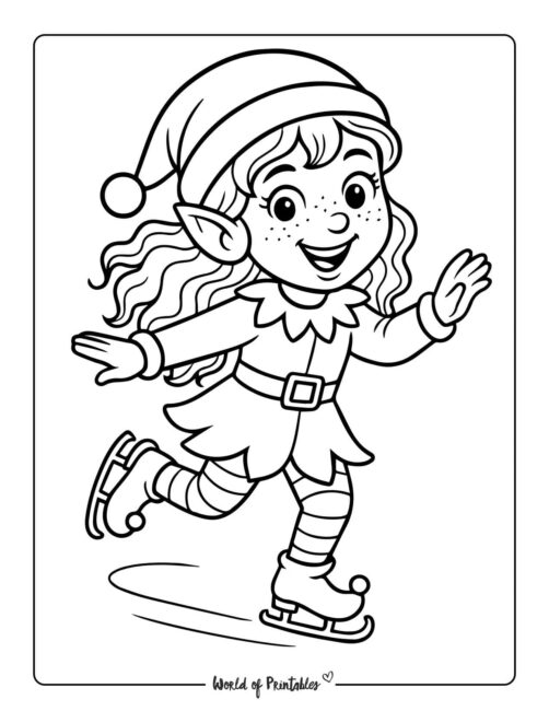 Girl Elf Ice Skating Coloring Page