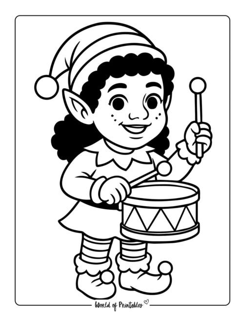 Girl Elf Playing the Drum Coloring Page