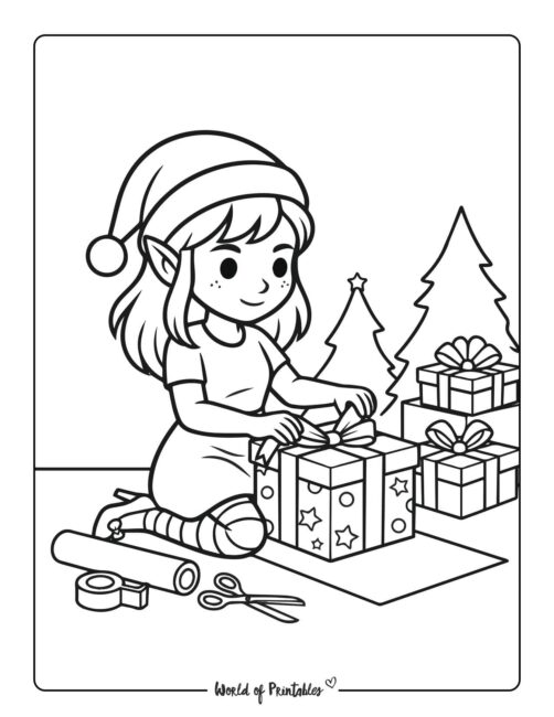 Girl Elf Wrapping Gift Coloring Page