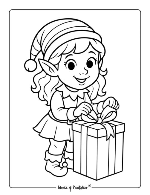 Girl Elf Wrapping Gift Coloring Page-56