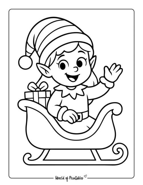 Girl Elf in Sleigh Coloring Page