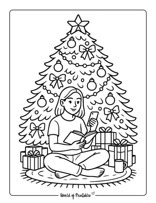 Girl Reading Book Under Christmas Tree Coloring Page