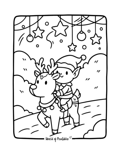 Little Elf Riding Reindeer Coloring Page