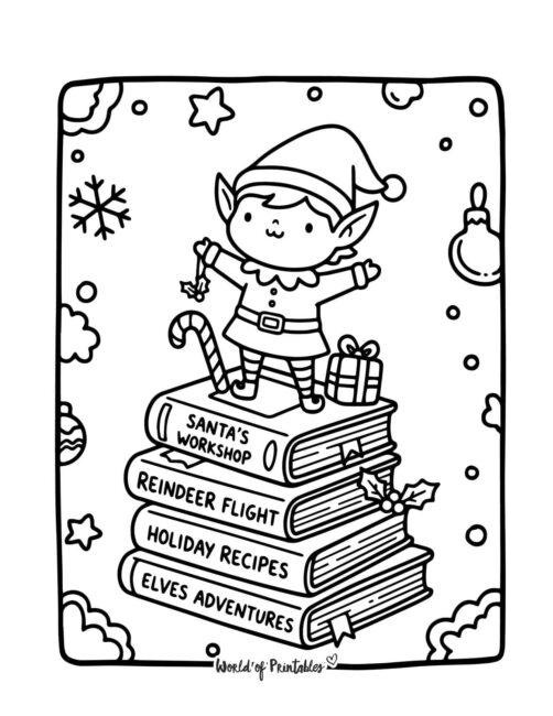 Little Elf and Books Cute Coloring Page