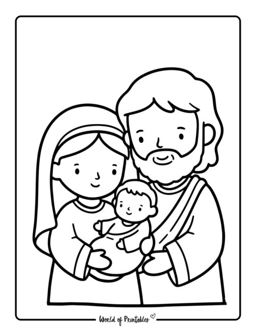 Mary and Joseph holding Jesus nativity coloring pages