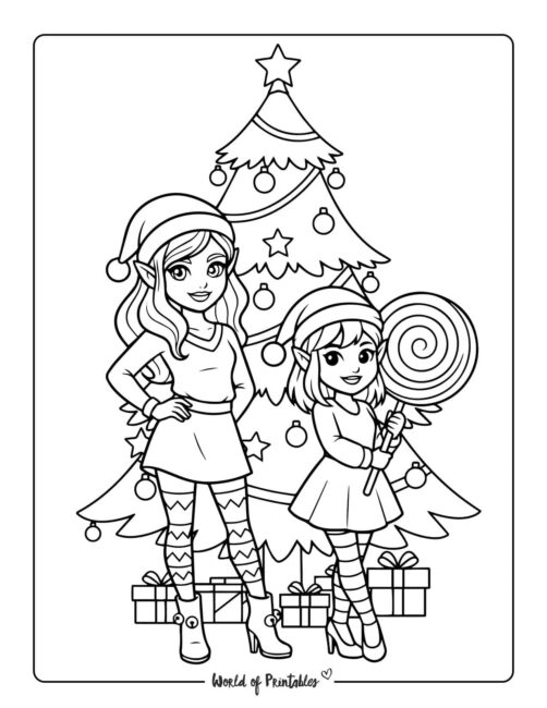 Modern Sister Elves Coloring Page