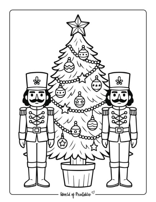Nutcrackers and Christmas Tree Coloring Page