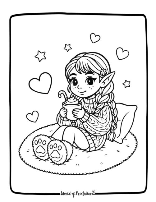 Pretty Elf Drinking Hot Cocoa Coloring Sheet