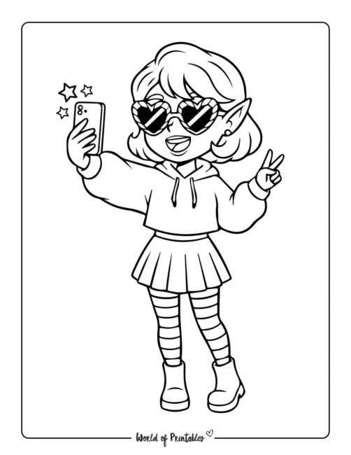 Pretty Elf Taking Selfie Coloring Page