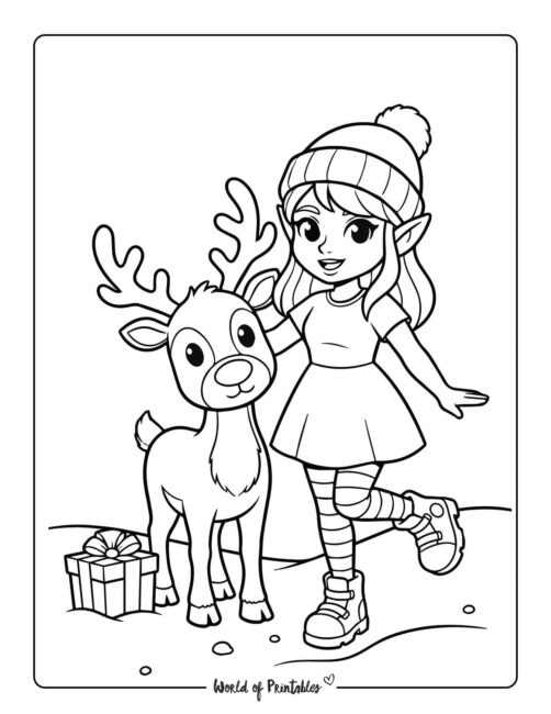 Pretty Elf and Reindeer Coloring Page