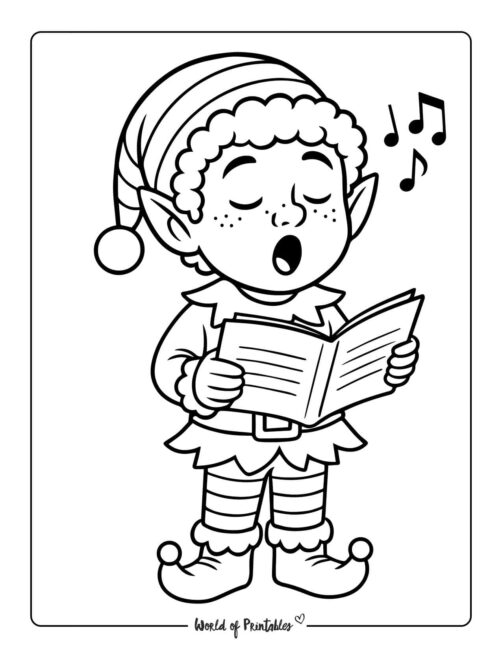 Printable Elf Singing Coloring Page