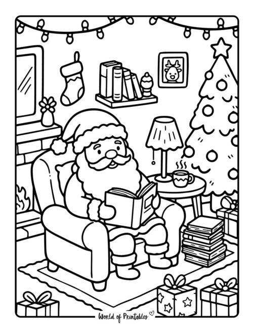 Santa Reading a Book Cozy Christmas Coloring Page