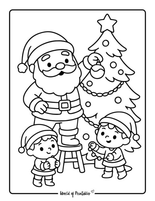 Santa and Elves Decorating a Christmas tree Coloring Page