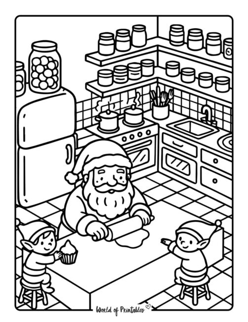 Santa and Elves Making Treats Coloring Sheets