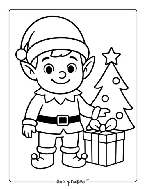 Simple Elf Scene Coloring Page for kids