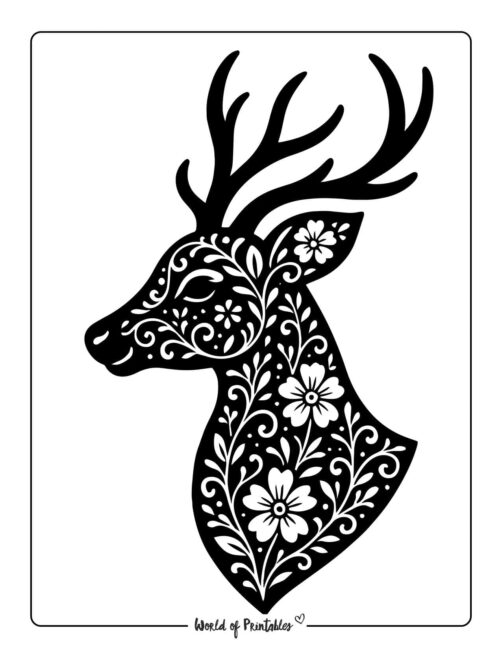 Simple Floral Pattern Reindeer Coloring Page