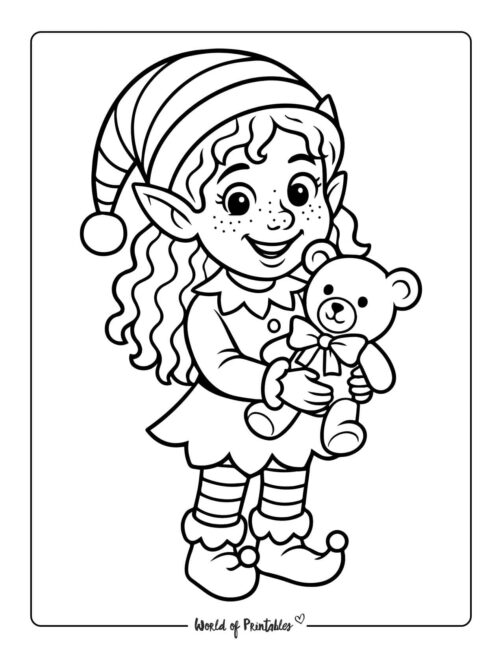 Simple Girl Elf and Teddy Coloring Page