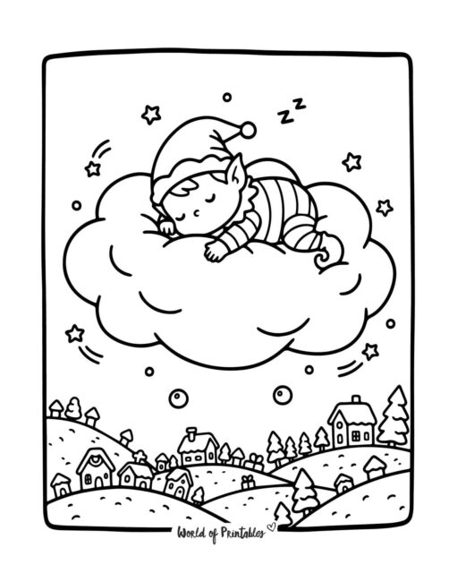 Sleepy Elf on Cloud Coloring Page