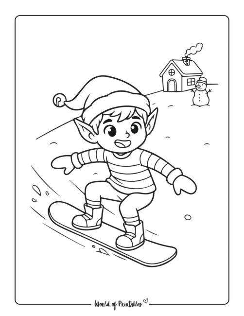 Snowboarding Elf Coloring Page