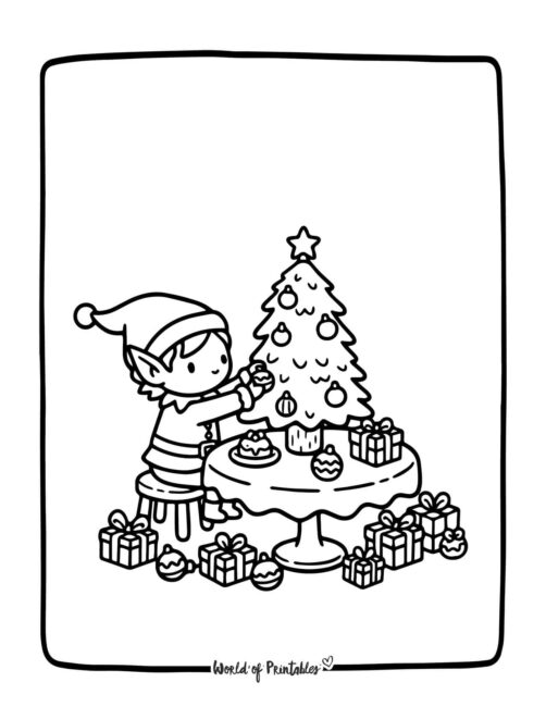 Tiny Elf Decorating Miniature Tree Coloring Page