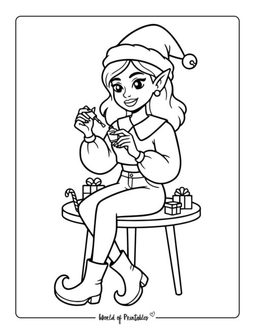 Trendy Elf Painting Nails Coloring Page
