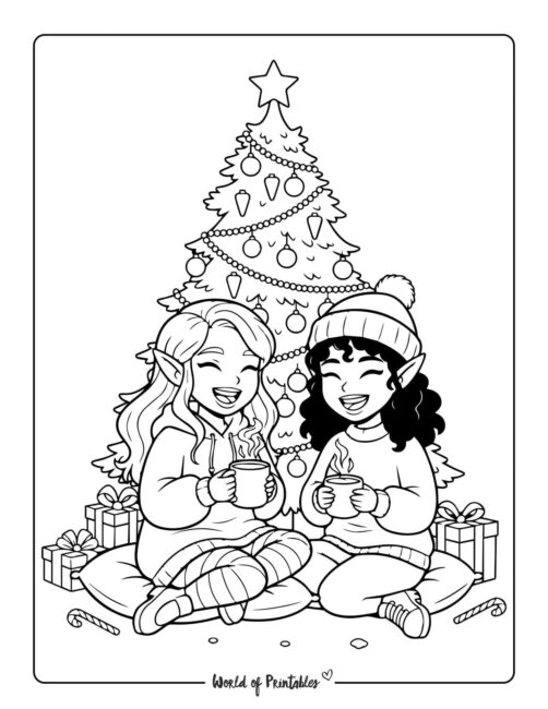 Two Teen Elves at Christmas Coloring Page