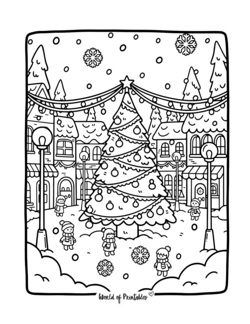 Village Christmas Tree Scene Coloring Page