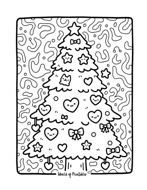 kawaii patterned Christmas Tree Coloring Page