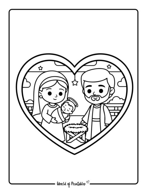 love heart nativity color and print pages