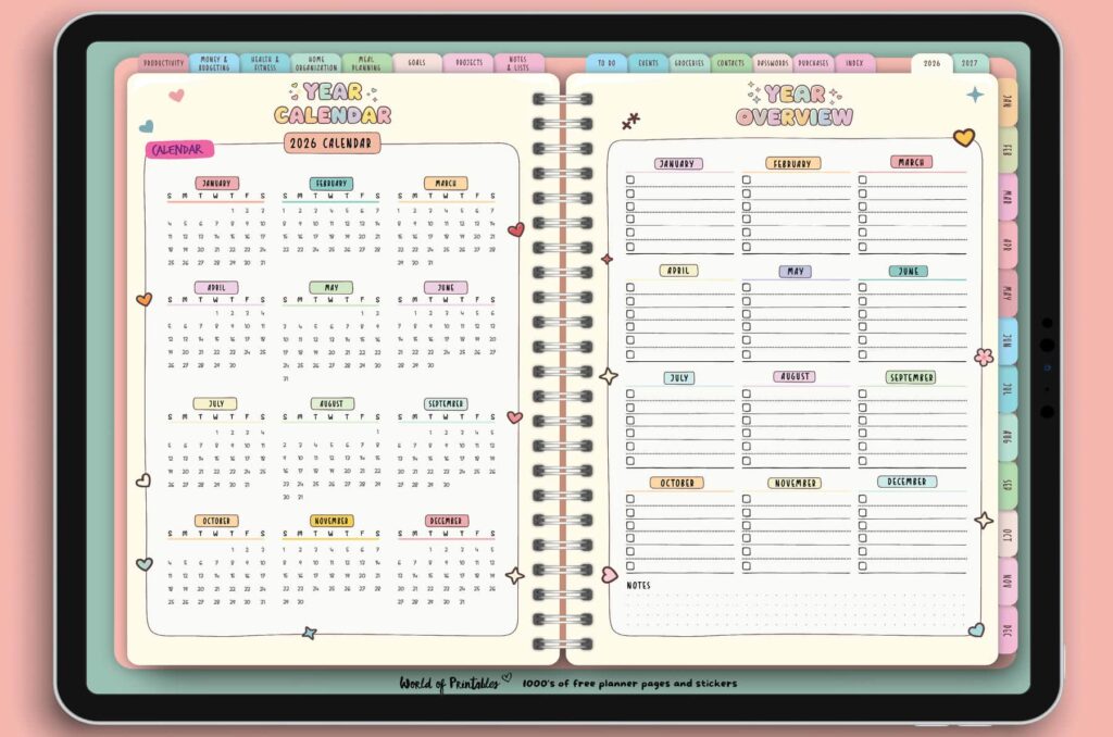 2026 Year Calendar and Year Overview from the Candy Notes Digital Planner, featuring a colorful, playful design with sections for important dates and monthly goals.