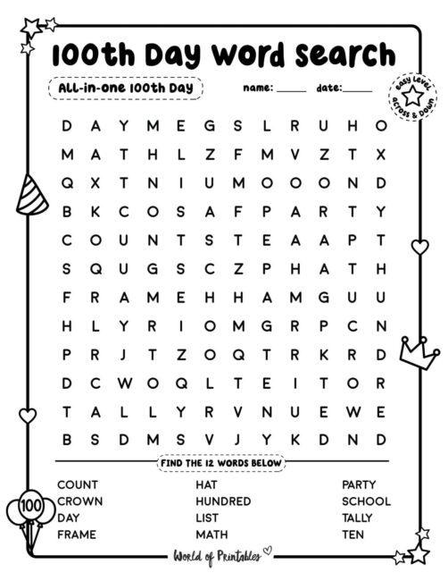 100th Day Word Search All In One Easy