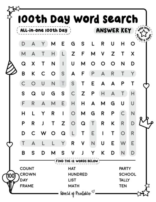 100th Day Word Search All In One Easy Answer Key