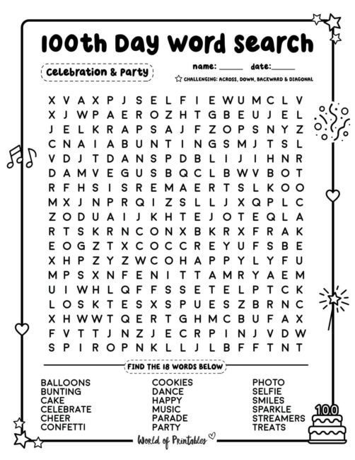 100th Day Word Search Celebration And Party Challenge
