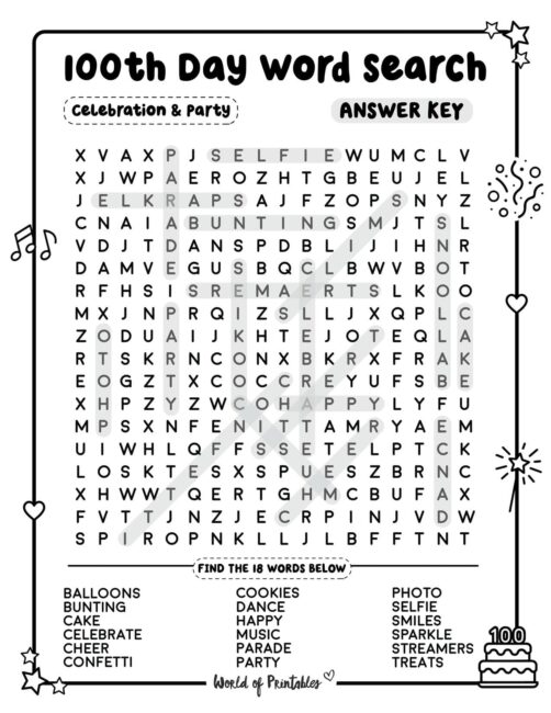 100th Day Word Search Celebration And Party Challenge Answer Key
