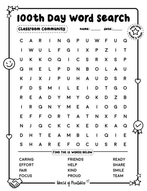 100th Day Word Search Classroom Community Easy