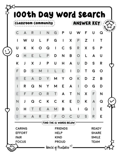 100th Day Word Search Classroom Community Easy Answer Key