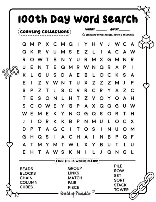 100th Day Word Search Counting Collections Standard