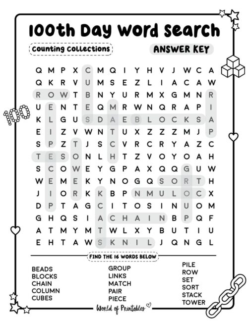100th Day Word Search Counting Collections Standard Answer Key