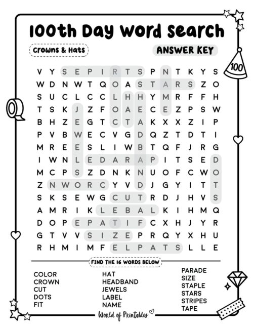 100th Day Word Search Crowns And Hats Standard Answer Key