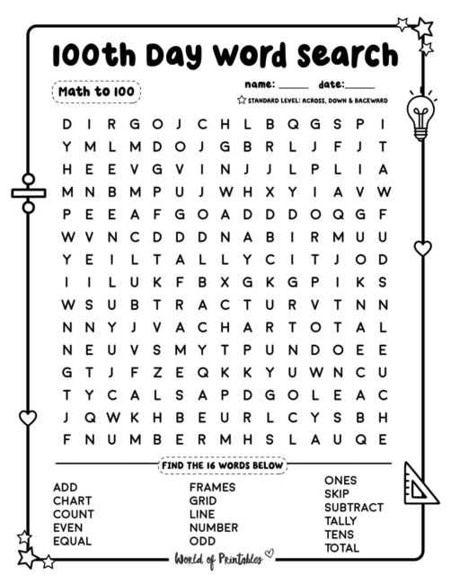 100th Day Word Search Math To 100 Standard