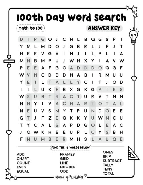 100th Day Word Search Math To 100 Standard Answer Key