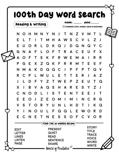 100th Day Word Search Reading And Writing Standard