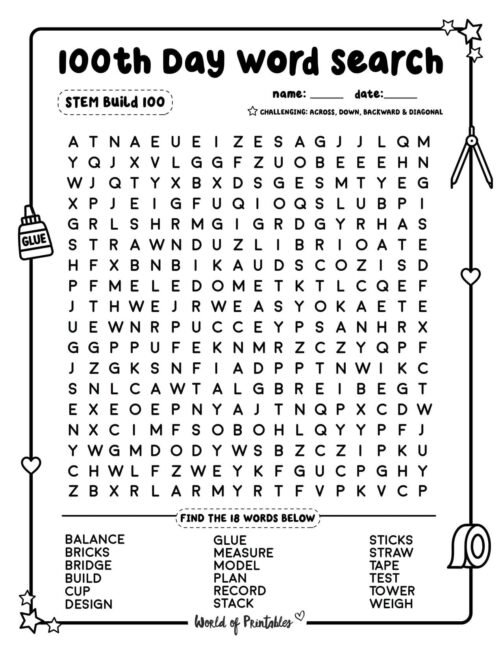 100th Day Word Search STEM Build 100 Challenge